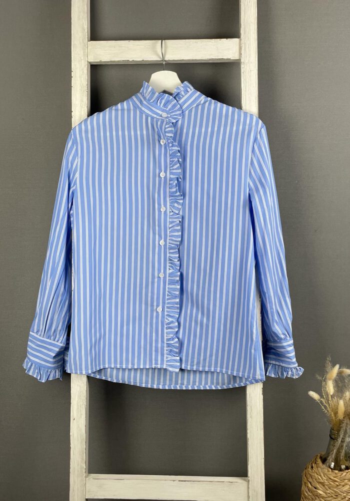 Hellblau/weiß gestreifte Bluse mit Rüschendetail