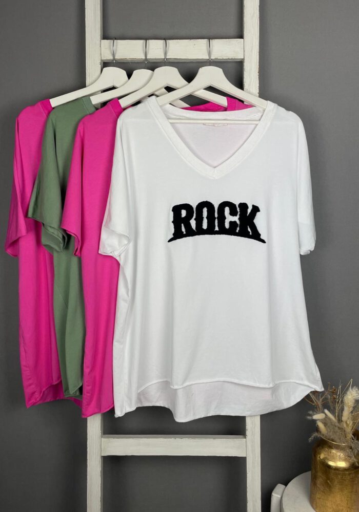 T-Shirt mit Flokati-Stick Rock Aufschrift