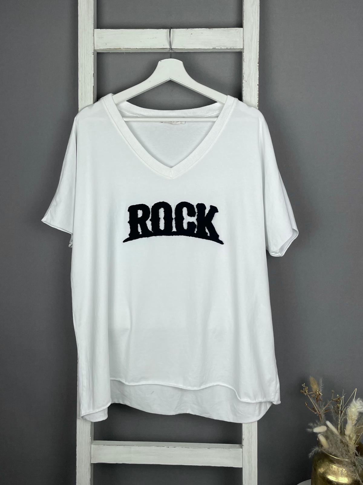 T-Shirt mit Flokati-Stick Rock Aufschrift