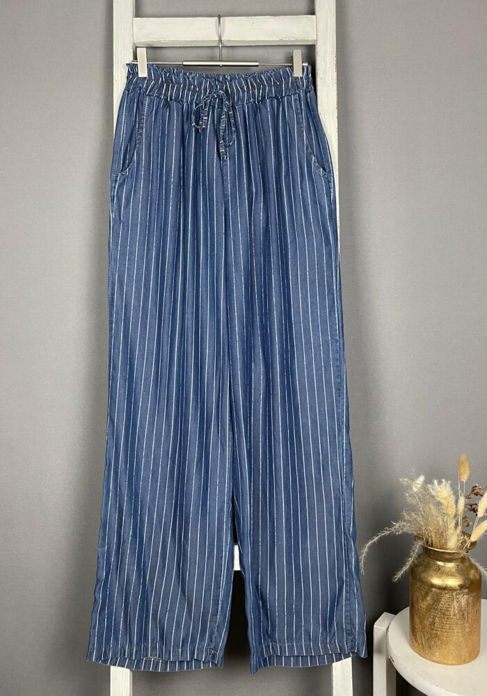 Gestreifte Wide Leg Denimhose