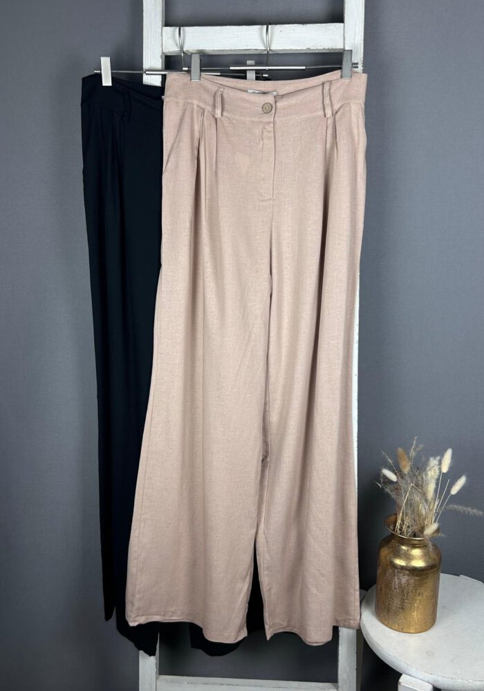 Leinen-Mix Wide Leg Hose mit Holzknopf