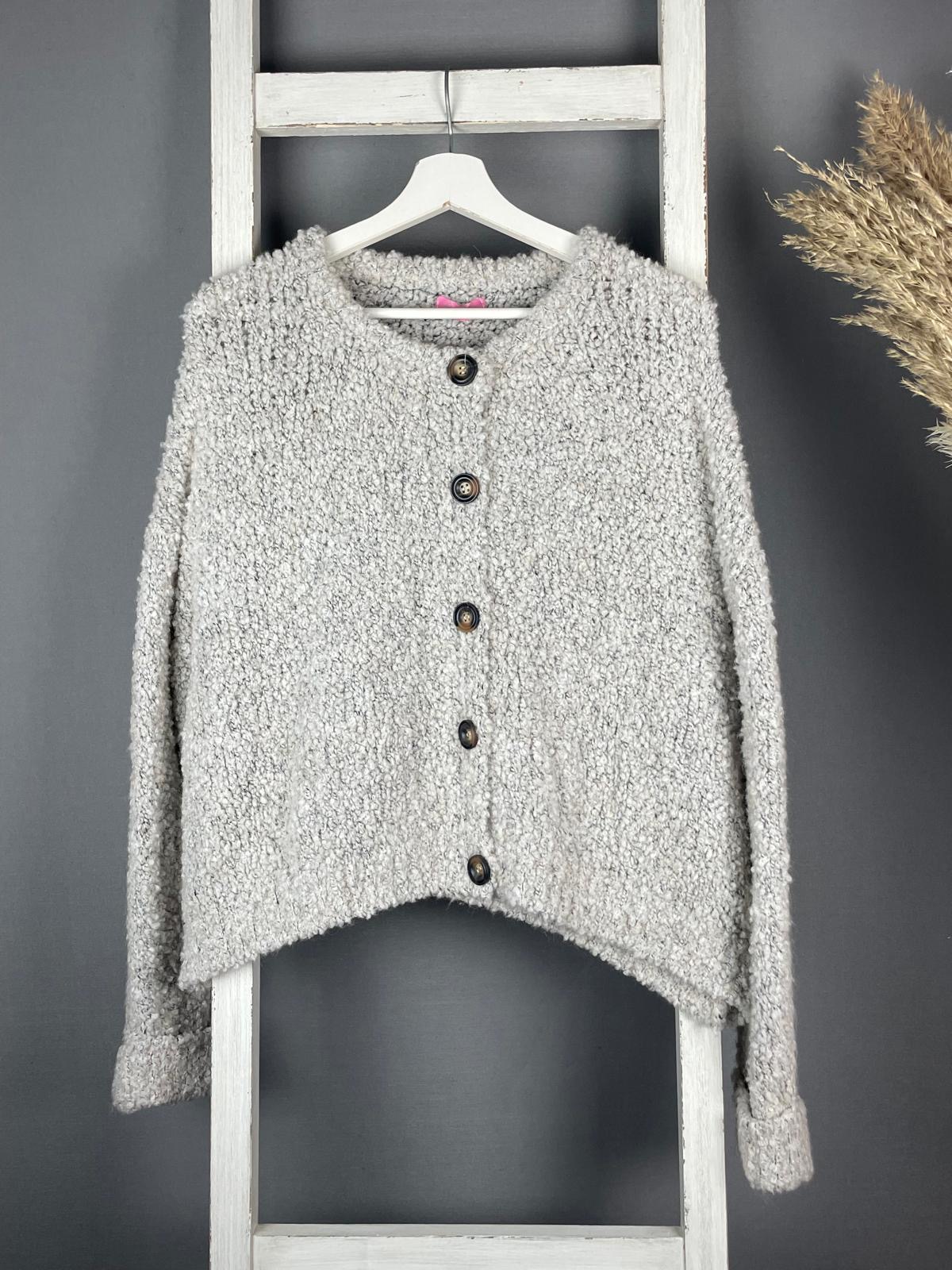 Rundhals Bouclé Cardigan mit Knopfleiste