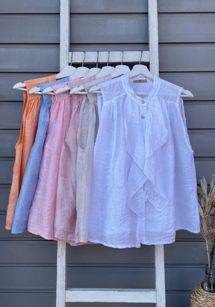 Ärmellose Baumwoll- Bluse mit Rüschen