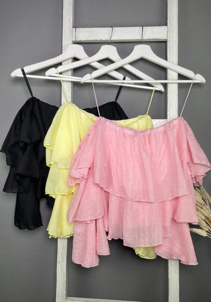 Crop Volantbluse mit Carmenausschnitt