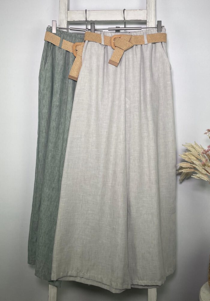 Leinen-Mix Hose mit Bastgürtel