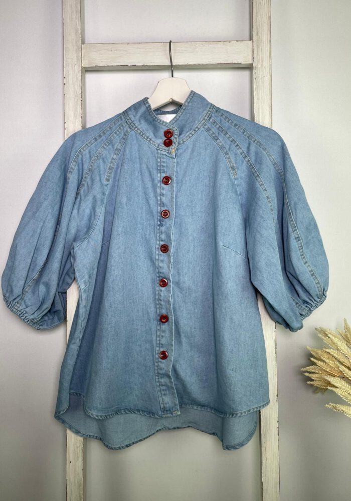 Feste Jeansbluse mit Raglanärmel-Ballonärmel