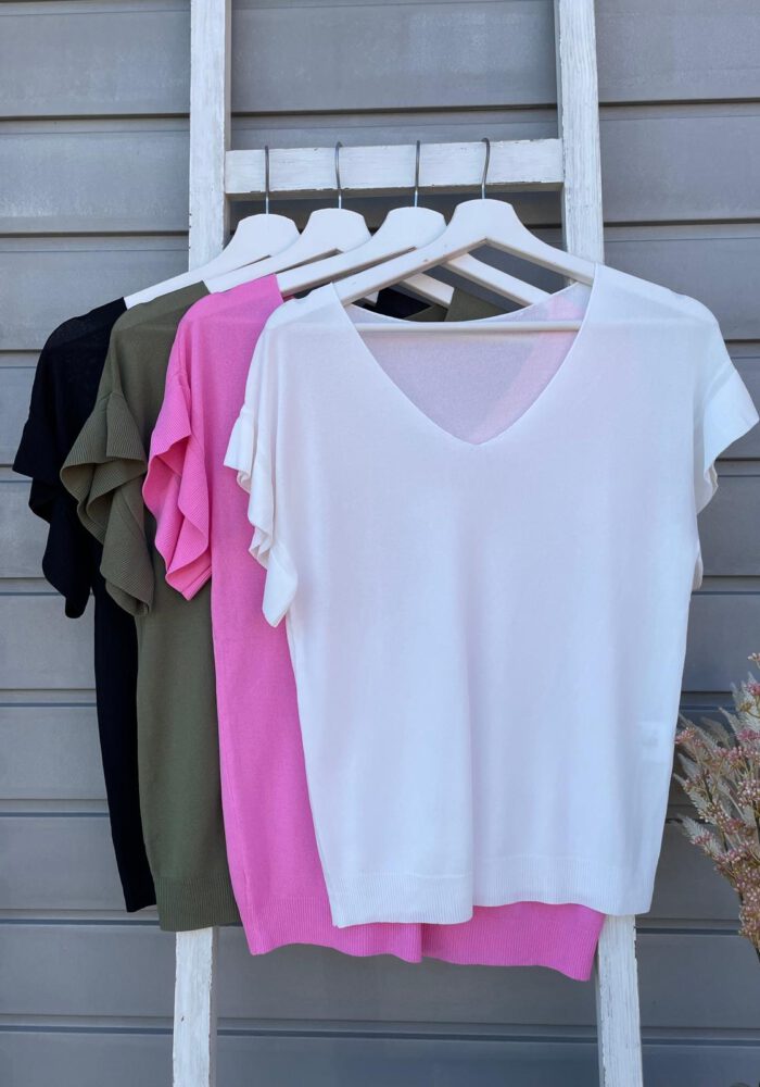 Dünnes Strick-Shirt mit V-Ausschnitt und Rüschenärmelsaum